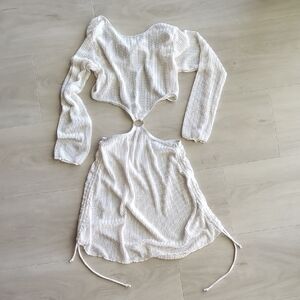 Ivory Ribbed Long-Sleeve Cutout Two-Piece Set